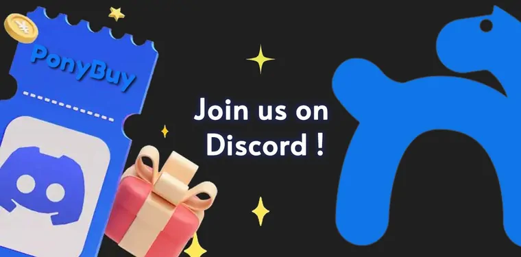 PonyBuy Join us on Discord banner with the blue pony mascot and gift boxes