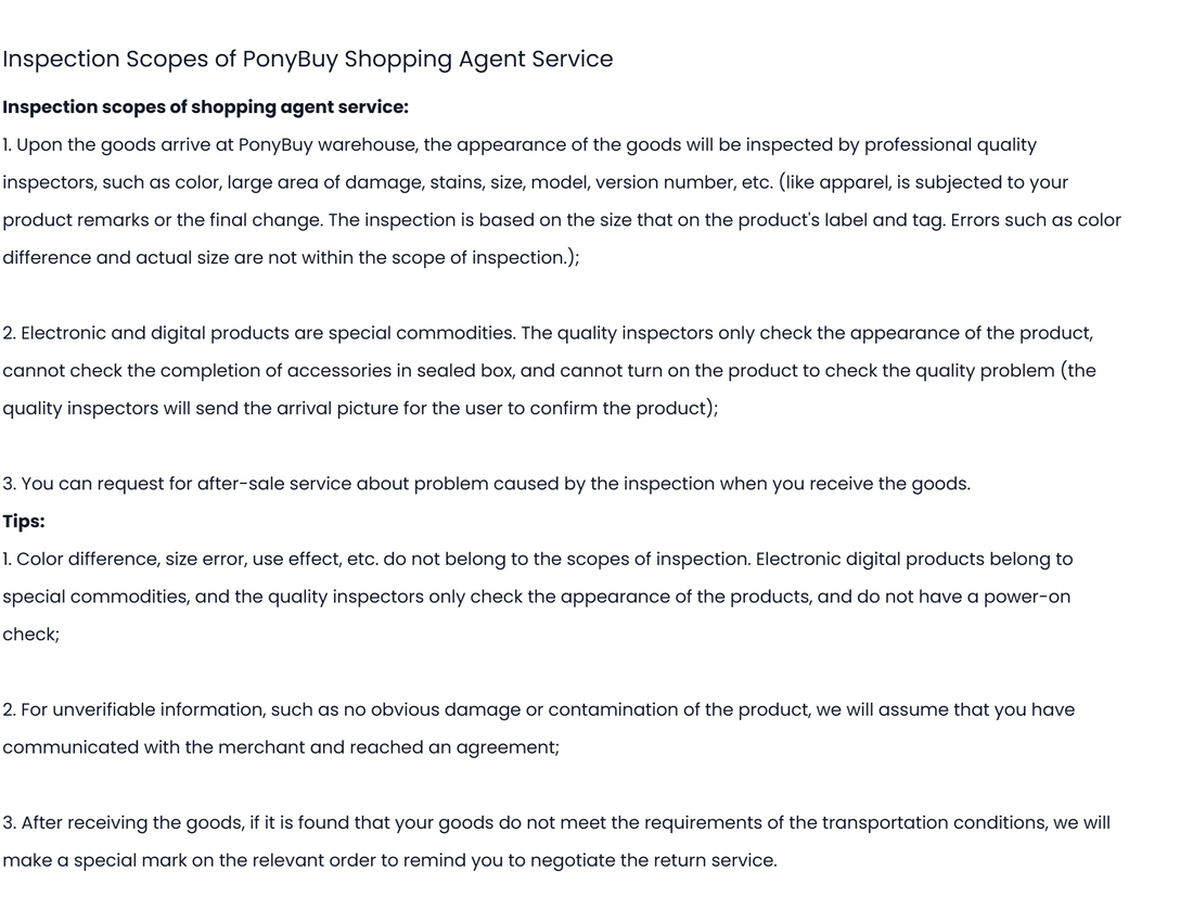 PonyBuy help centre page listing the inspection scopes of its shopping agent service, with three numbered scopes and three tips