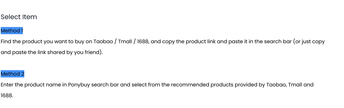 PonyBuy help centre page headed Select Item, giving two methods: pasting a product link, or searching by product name
