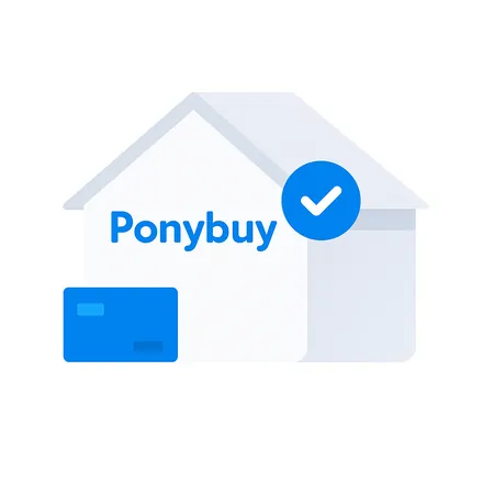 PonyBuy illustration of a warehouse building with a check mark, used on the official site for the arrival step